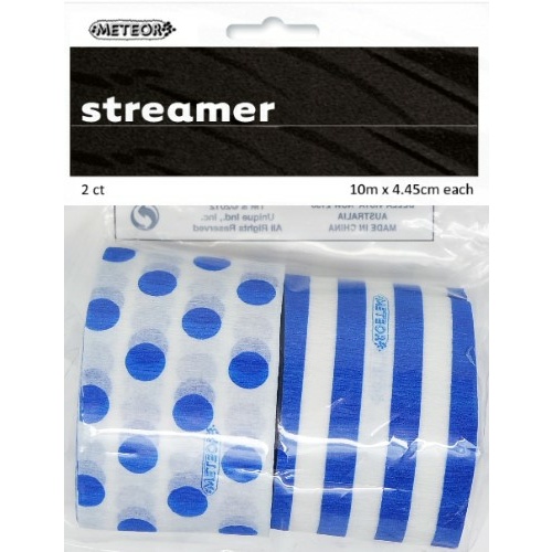 Paper Crepe Streamer Stripes & Dots Royal Blue 4.45cm x 10m #1063182 - 2Pk (Pkgd.)