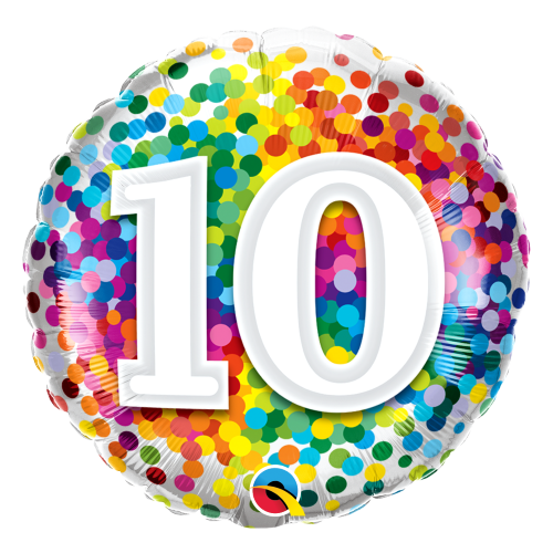 45cm Milestone 10 Rainbow Confetti Foil Balloon #13513 - Each (Pkgd.)  TEMPORARILY UNAVAILABLE
