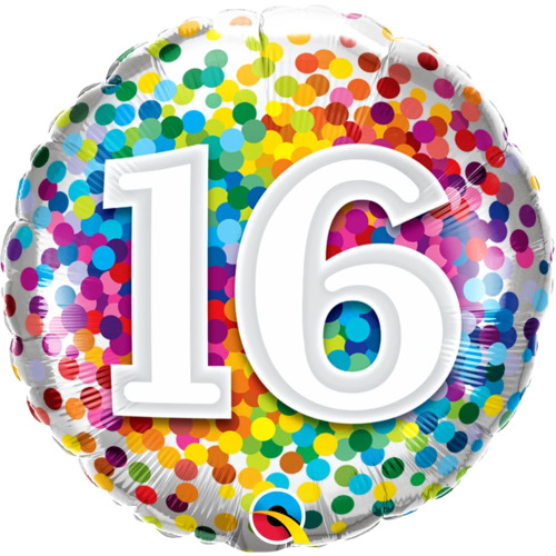 45cm Milestone 16 Rainbow Confetti Foil Balloon #18892 - Each (Pkgd.) TEMPORARILY UNAVAILABLE