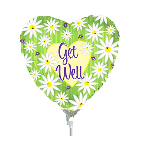 22cm Get Well Green Stripes & Daisies Foil Balloon #22224327AF - Each (Inflated, supplied air-filled on stick) TEMPORARILY UNAVAILABLE