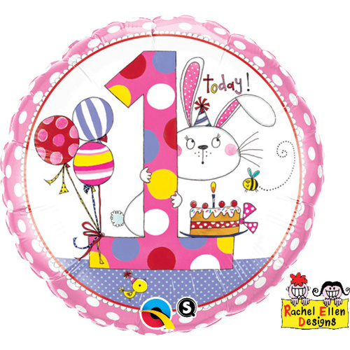 45cm Round Foil Rachel Ellen Age 1 Bunny Polka Dots #22615 - Each (Pkgd.) SPECIAL ORDER ITEM