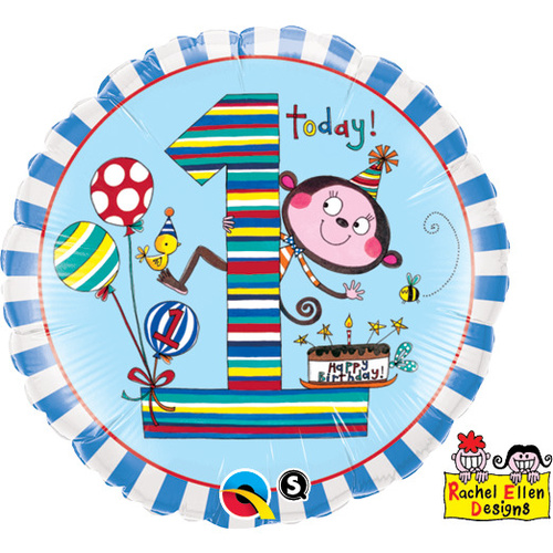 45cm Round Foil Rachel Ellen Age 1 Monkey Stripes #22979 - Each (Pkgd.) SPECIAL ORDER ITEM