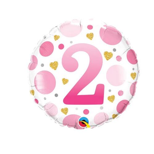 45cm Round Foil Age 2 Pink Dots #23122 - Each (Pkgd.)