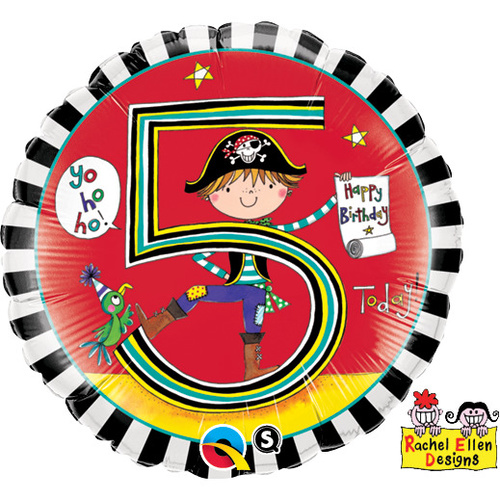 45cm Round Foil Rachel Ellen Age 5 Pirate Stripes #24160 - Each (Pkgd.) SPECIAL ORDER ITEM