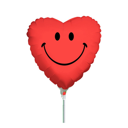 10cm Smiley Face Heart Red Foil Balloon #2511744AF - Each (Inflated, supplied air-filled on stick)