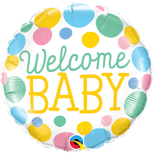 10cm Round Welcome Baby Dots Foil Balloon #25135AF - Each (Inflated, supplied air-filled on stick)