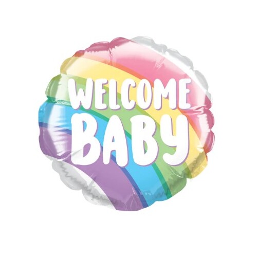10cm Round Welcome Baby Rainbow Foil Balloon #25136AF - Each (Inflated, supplied air-filled on stick)