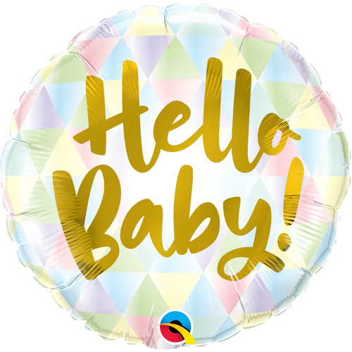 10cm Round Hello Baby! Foil Balloon #25161AF - Each (Inflated, supplied air-filled on stick)