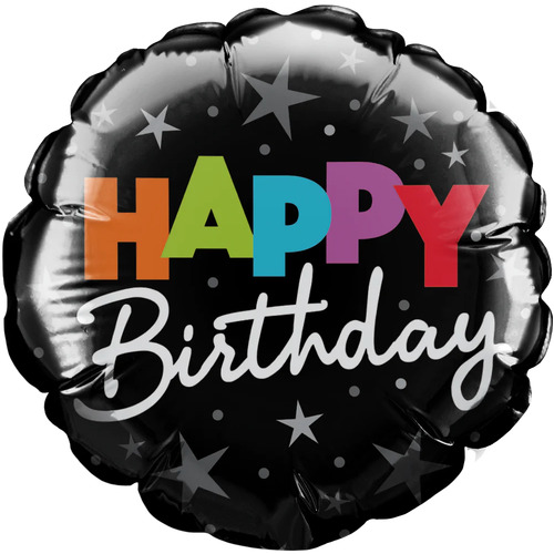 10cm Round Birthday Stars Black Foil Balloon #25167AF - Each (Inflated, supplied air-filled on stick)