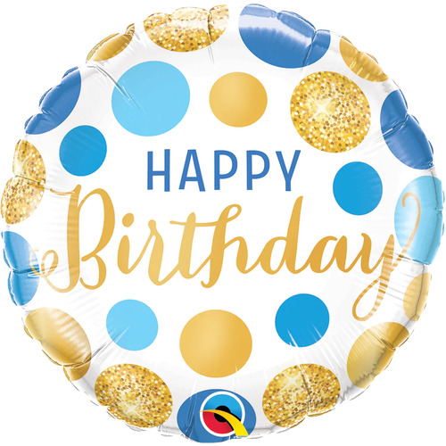 10cm Round Birthday Blue & Gold Dots Foil Balloon #25177AF - Each (Inflated, supplied air-filled on stick)