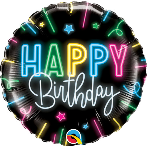 10cm Round Happy Birthday Neon Glow Foil Balloon #25198AF - Each (Inflated, supplied air-filled on stick)