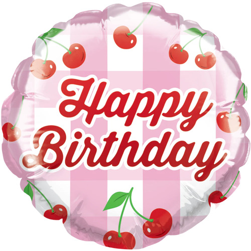 10cm Round Birthday Cherries Foil Balloon #25200AF - Each (Inflated, supplied air-filled on stick)