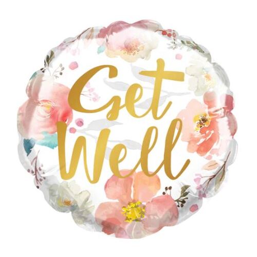 10cm Round Foil Get Well Watercolor Floral #25212AF - Each (Inflated, supplied air-filled on stick)