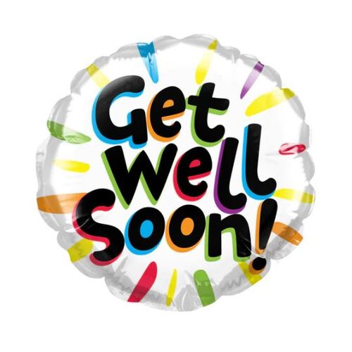10cm Round Foil Get Well Soon Colorful Burst #25213AF - Each (Inflated, supplied air-filled on stick)