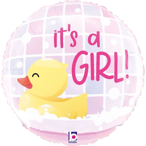 22cm Round It's a Girl Rubber Ducky Foil Balloon #2522545AF - Each (Inflated, supplied air-filled on stick)