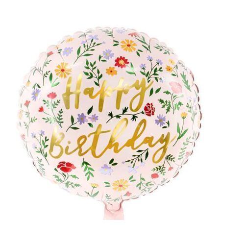 35cm Foil Balloon Matte Round Cursive Happy Birthday Floral Pink #252648 - Each (Pkgd.) TEMPORARILY UNAVAILABLE