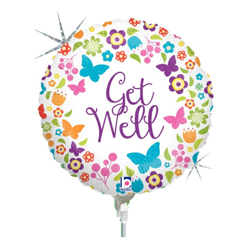 22cm Get Well Butterflies and Flowers Holographic Foil Balloon #2532154AF - Each (Inflated, supplied air-filled on stick)TEMPORARILY UNAVAILABLE