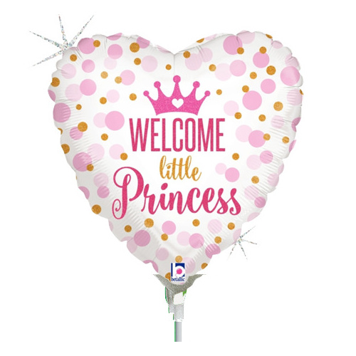 22cm Baby Girl Welcome Little Princess Holographic Foil Balloon #2532713AF - Each (Inflated, supplied air-filled on stick) TEMPORARILY UNAVAILABLE