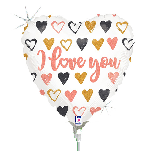22cm Love Heart I Love You Rose Gold Glitter Foil Balloon #2532754AF - Each (Inflated, supplied air-filled on stick)  TEMPORARILY UNAVAILABLE