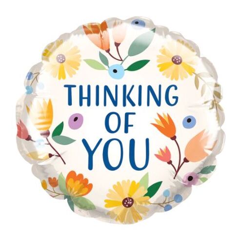 10cm Round Foil Thinking Of You Floral #25351AF - Each (Inflated, supplied air-filled on stick)