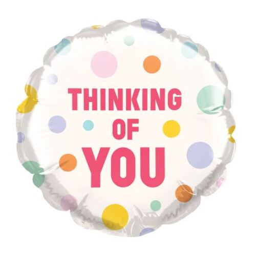 10cm Round Foil Thinking Of You Polka Dots #25357AF - Each (Inflated, supplied air-filled on stick)