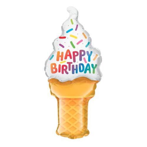 Mini Shape Birthday Ice Cream Cone Foil Balloon 35cm #25563AF - Each (Inflated, supplied air-filled on stick) TEMPORARILY UNAVAILABLE