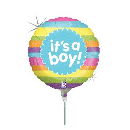 10cm Baby Boy It's A Boy Rainbow Stripes Foil Balloon #2581901AF - Each (Inflated, supplied air-filled on stick) 