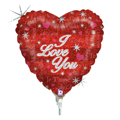 22cm Love Sparkling Holographic Foil Balloon #2582114AF - Each (Inflated, supplied air-filled on stick) TEMPORARILY UNAVAILABLE