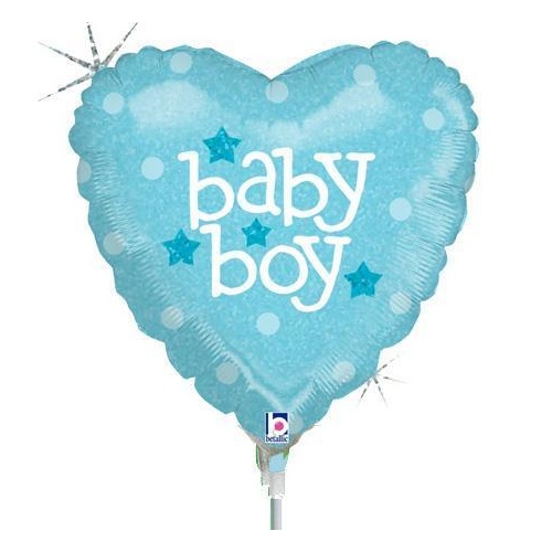 22cm Baby Boy Heart Holographic Foil Balloon #2582601AF - Each (Inflated, supplied air-filled on stick)TEMPORARILY UNAVAILABLE