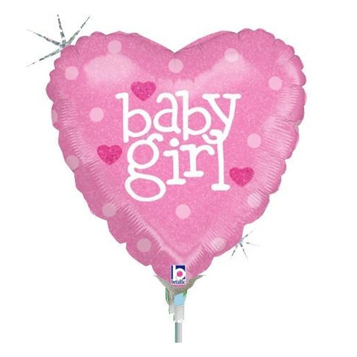 22cm Baby Girl Heart Holographic Foil Balloon #2582602AF - Each (Inflated, supplied air-filled on stick) TEMPORARILY UNAVAILABLE