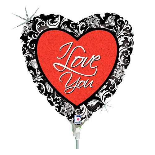 22cm Love Damask Holographic Foil Balloon #2582719AF - Each (Inflated, supplied air-filled on stick) TEMPORARILY UNAVAILABLE