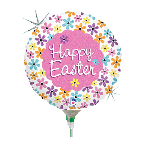 22cm Easter Spring Petal Happy Easter Holographic Foil Balloon #2582723AF - Each (Inflated, supplied air-filled on stick) TEMPORARILY UNAVAILABLE