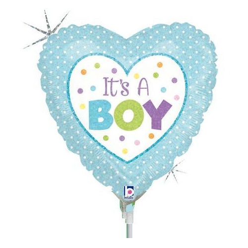 22cm Baby Boy It's A Boy Dots Holographic Foil Balloon #2582898AF - Each (Inflated, supplied air-filled on stick) TEMPORARILY UNAVAILABLE