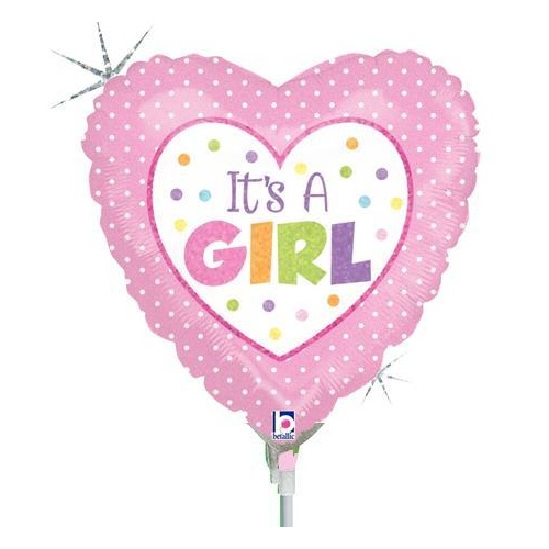 22cm Baby Girl It's A Girl Baby Dots Holographic Foil Balloon #2582899AF - Each (Inflated, supplied air-filled on stick) TEMPORARILY UNAVAILABLE