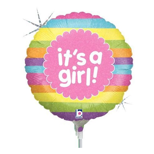 22cm Baby Girl It's A Girl Rainbow Stripes Foil Balloon #2582900AF - Each (Inflated, supplied air-filled on stick) TEMPORARILY UNAVAILABLE