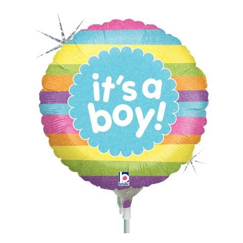 22cm Baby Boy It's A Boy Rainbow Stripes Foil Balloon #2582901AF - Each (Inflated, supplied air-filled on stick) TEMPORARILY UNAVAILABLE