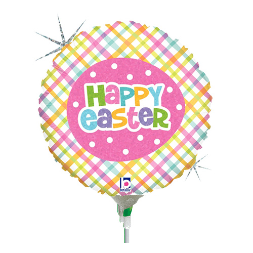 22cm Easter Springtime Plaid Happy Easter Holographic Foil Balloon #2582960AF - Each (Inflated, supplied air-filled on stick) 