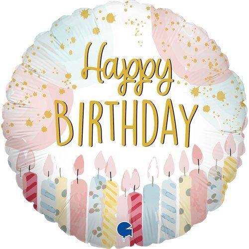 22cm Round Happy Birthday Candle Foil Balloon #25G69002AF - Each (Inflated, supplied air-filled on stick)