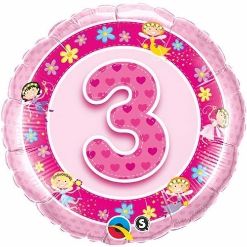 DISC 45cm Round Foil Age 3 Pink Fairies #26297 - Each (Pkgd.) 