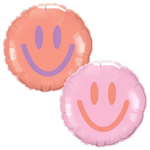 22cm Round Foil Pink & Coral Smiles #27314AF - Each (Inflated, supplied air-filled on stick) 