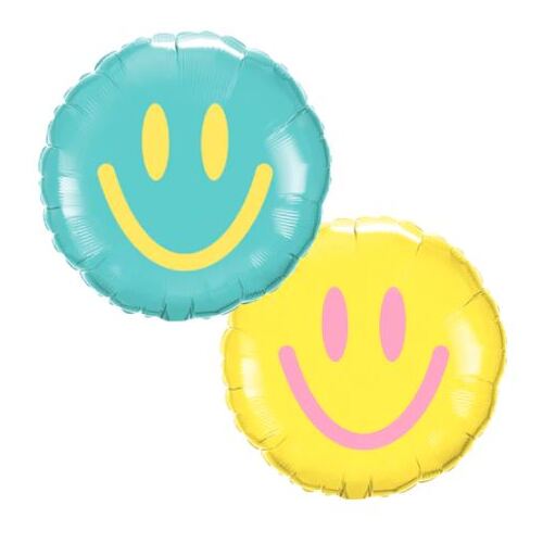 22cm Round Foil Yellow & Caribbean Blue Smiles #27317AF - Each (Inflated, supplied air-filled on stick) TEMPORARILY UNAVAILABLE