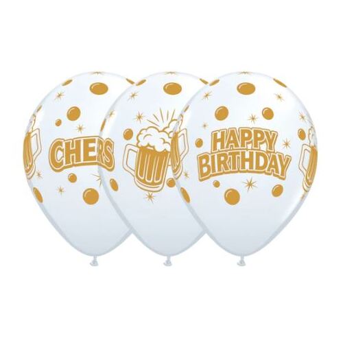 28cm Round White Birthday Cheers Brew Latex Balloons #28985 - Pack of 50