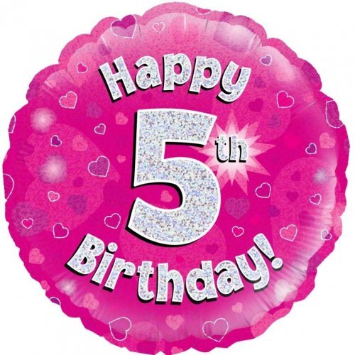 45cm Round Happy 5th Birthday Pink Holographic Foil Balloon #30210465 - Each (Pkgd.)
