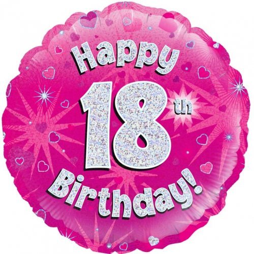 45cm Round Happy 18th Birthday Pink Holographic Foil Balloon #30210478 - Each (Pkgd.)