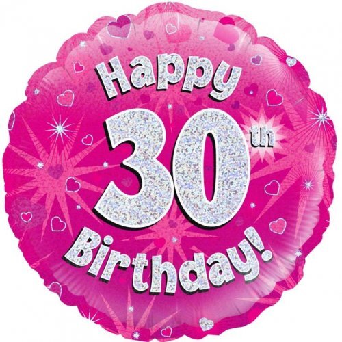 45cm Round Happy 30th Birthday Pink Holographic Foil Balloon #30210480 - Each (Pkgd.)