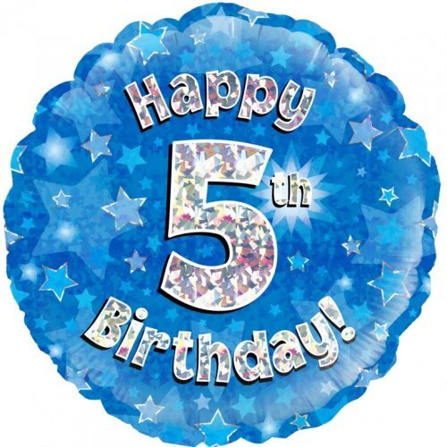 45cm Round Happy 5th Birthday Blue Holographic Foil Balloon #30210495 - Each (Pkgd.)