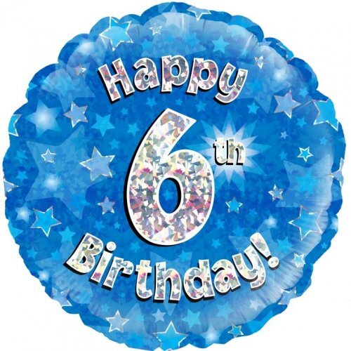 45cm Round Happy 6th Birthday Blue Holographic Foil Balloon #30210496 - Each (Pkgd.)
