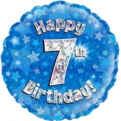 45cm Round Happy 7th Birthday Blue Holographic Foil Balloon #30210497 - Each (Pkgd.)