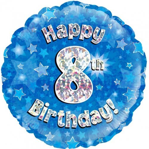 45cm Round Happy 8th Birthday Blue Holographic Foil Balloon #30210498 - Each (Pkgd.)