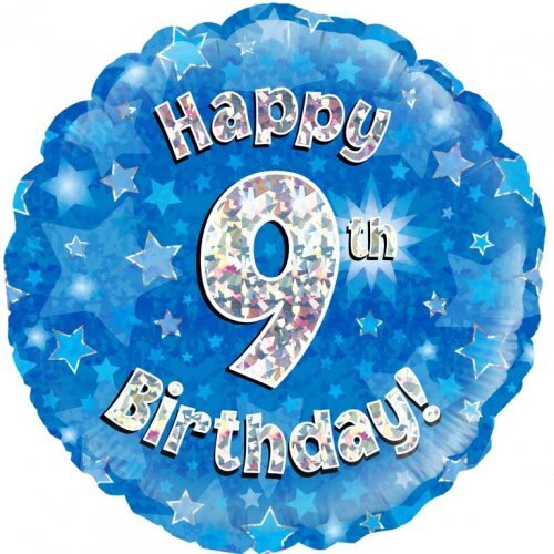 45cm Round Happy 9th Birthday Blue Holographic Foil Balloon #30210499 - Each (Pkgd.)
